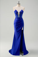 Laden Sie das Bild in den Galerie-Viewer, Glitzer Grün Meerjungfrau Trägerlos Korset Lange Abendkleid mit Schlitz