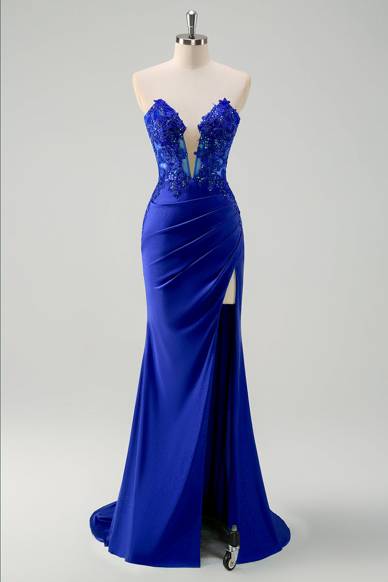 Laden Sie das Bild in den Galerie-Viewer, Glitzer Grün Meerjungfrau Trägerlos Korset Lange Abendkleid mit Schlitz