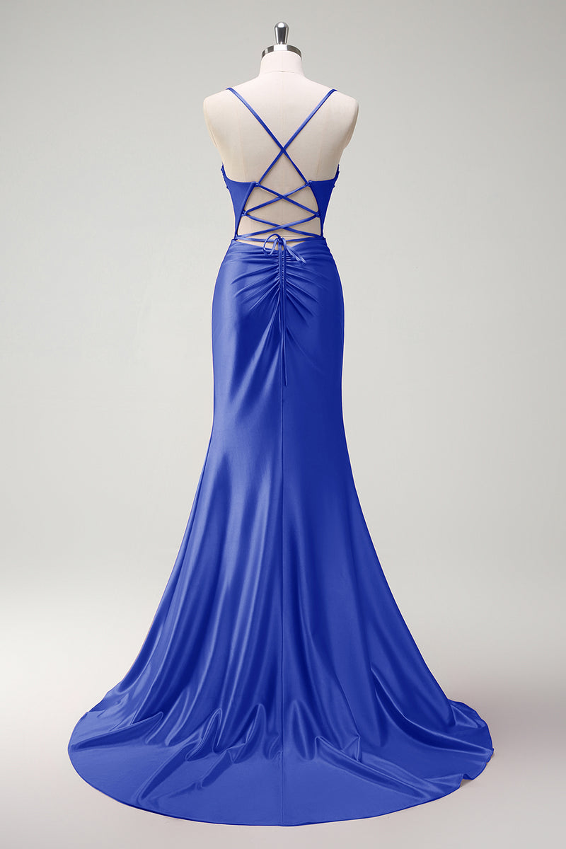 Laden Sie das Bild in den Galerie-Viewer, Glitzer Königsblau Korsett Perlen Lange Abendkleid it Schlitz