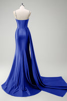 Laden Sie das Bild in den Galerie-Viewer, Glitzer Salbei Spaghettiträger Korsett Lange Abendkleid mit Schlitz