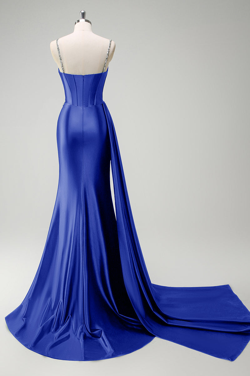 Laden Sie das Bild in den Galerie-Viewer, Glitzer Salbei Spaghettiträger Korsett Lange Abendkleid mit Schlitz