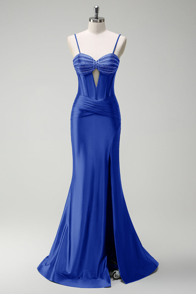 Laden Sie das Bild in den Galerie-Viewer, Glitzer Orange Korsett Meerjungfrau Lange Satin Abendkleid mit Schlitz