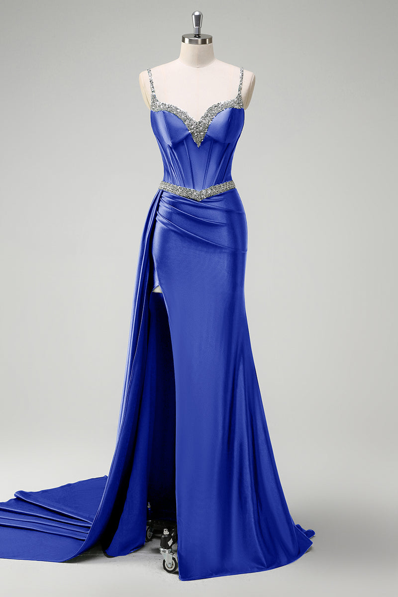 Laden Sie das Bild in den Galerie-Viewer, Glitzer Salbei Spaghettiträger Korsett Lange Abendkleid mit Schlitz