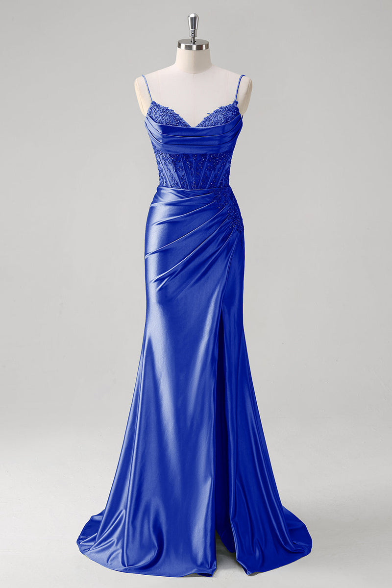 Laden Sie das Bild in den Galerie-Viewer, Grün Meerjungfrau Spaghettiträger Satin Korsett Langes Ballkleid mit Schlitz