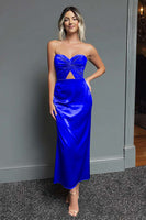 Laden Sie das Bild in den Galerie-Viewer, Dunkelblau Schatz Etui Satin Maxi Formelle Kleid