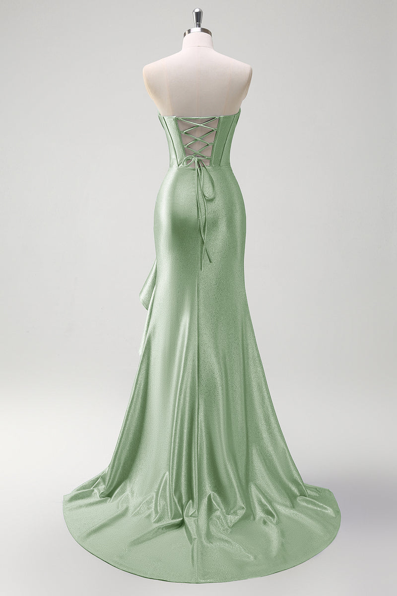 Laden Sie das Bild in den Galerie-Viewer, Glitzer Graublau Korsett Satin Lange Abendkleid mit Rüschen Schlitz