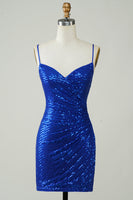 Laden Sie das Bild in den Galerie-Viewer, Glitzerndes figurbetontes Spaghettiträger-Königsblaues Pailletten-kurzes Cocktailkleider