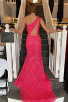 Laden Sie das Bild in den Galerie-Viewer, Etui Ein-Schulter Weiß Pailletten langes Abendkleid mit Frontschlitz