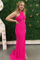 Laden Sie das Bild in den Galerie-Viewer, Fuchsia V-Ausschnitt Rückenfreies Pailletten Abendkleid Mit Schlitz