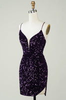 Laden Sie das Bild in den Galerie-Viewer, Glitzerndes lila Pailletten Rückenfreies enges kurzes Cocktailkleid mit Schlitz
