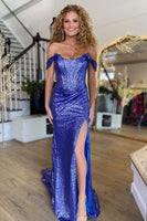 Laden Sie das Bild in den Galerie-Viewer, Funkelndes Lila Meerjungfrau Schulterfreies Korsett Abendkleid mit Schlitz