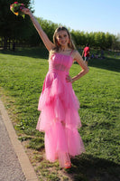 Laden Sie das Bild in den Galerie-Viewer, Rosa Spaghettiträger gestuftes Korsett Tüll Abendkleid