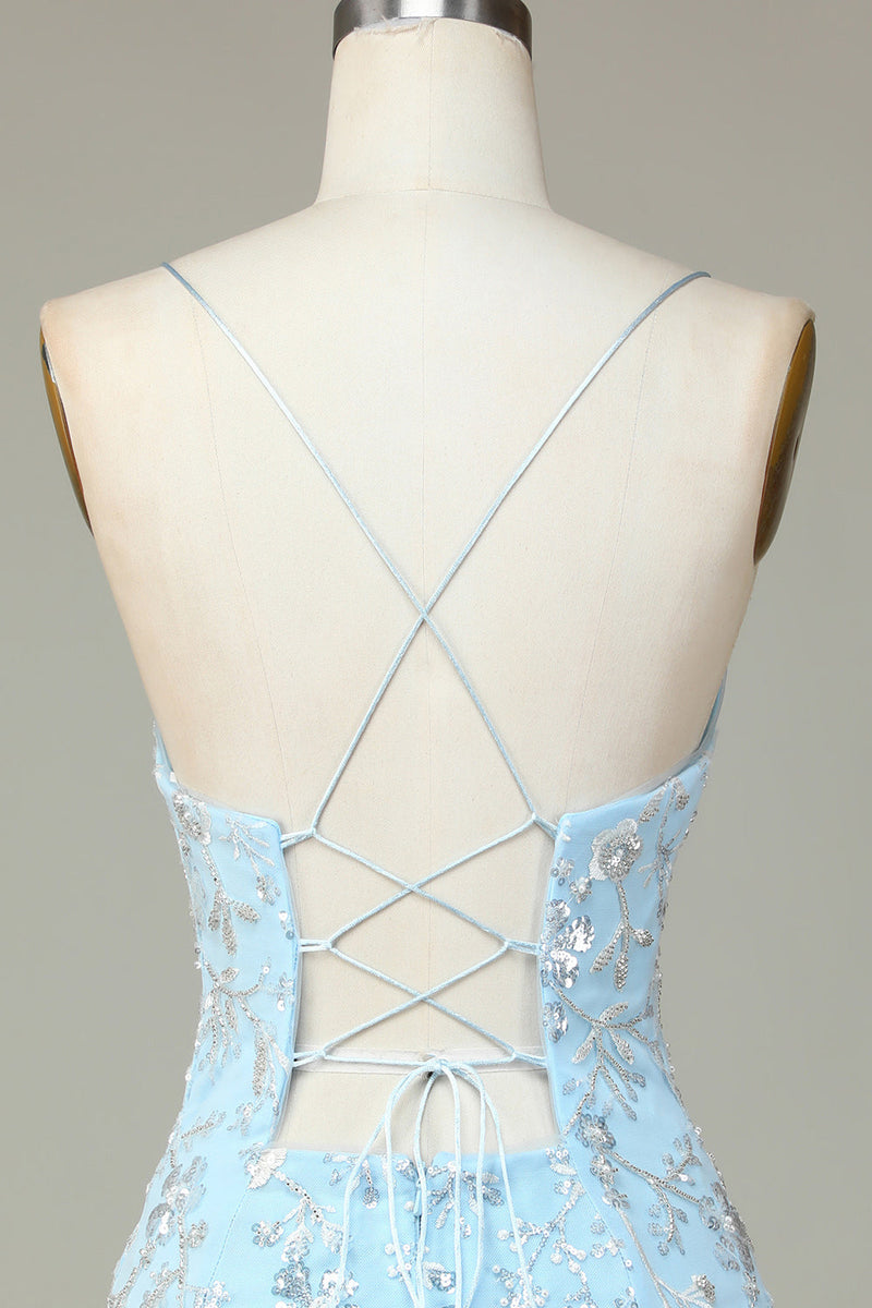 Laden Sie das Bild in den Galerie-Viewer, Funkelnde blaue Pailletten Perlenblumen enges kurzes Cocktailkleid