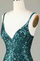 Laden Sie das Bild in den Galerie-Viewer, Glitzerndes, figurbetontes Spaghettiträger-Grünes kurzes Cocktailkleider mit Schnürung und Perlen