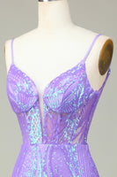 Laden Sie das Bild in den Galerie-Viewer, Stilvolle Bodycon Spaghettiträger Flieder Pailletten Korsett Cocktailkleid mit Kreuz und Kreuz hinten