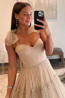 Laden Sie das Bild in den Galerie-Viewer, Khaki A-Linie Spaghettiträger Tüll Langes Abendkleid mit Bogen