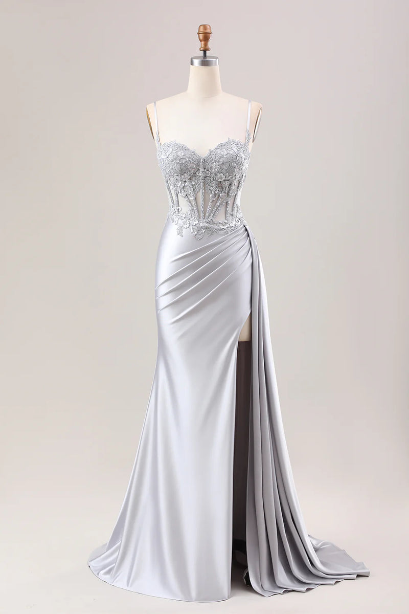 Laden Sie das Bild in den Galerie-Viewer, Grün Applikationen Spaghettiträger Korsett Langes Abendkleid mit Schlitz