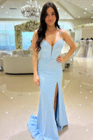 Laden Sie das Bild in den Galerie-Viewer, Funkelndes Hellblaues Korsett Meerjungfrau Abendkleid mit Perlen und Schlitz