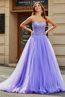 Laden Sie das Bild in den Galerie-Viewer, Flieder A Linie Schulterfreies Langes Abiballkleider Mit Perlen