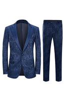 Laden Sie das Bild in den Galerie-Viewer, Dunkelblauer Spitzenrevers Ein-Knopf 2-Teiliger Jacquard Herren Abendanzug