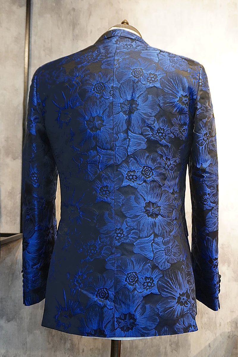 Laden Sie das Bild in den Galerie-Viewer, Spitzenrevers Jacquard Zwei Knöpfe Königsblau Einreiher Herren Ballblazer