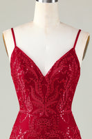 Laden Sie das Bild in den Galerie-Viewer, Glitzerndes königsblaues Pailletten-Spaghettiträger-Enges kurzes Cocktailkleid