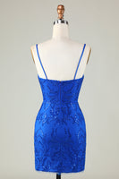 Laden Sie das Bild in den Galerie-Viewer, Glitzerndes königsblaues Pailletten-Spaghettiträger-Enges kurzes Cocktailkleid