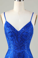 Laden Sie das Bild in den Galerie-Viewer, Glitzerndes königsblaues Pailletten-Spaghettiträger-Enges kurzes Cocktailkleid