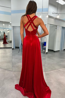 Rotes V-Ausschnitt langes Ballkleid mit Schlitz