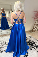 Laden Sie das Bild in den Galerie-Viewer, A-Linie Korsett Königsblaues Langes Abendkleid mit Schnürung am Rücken