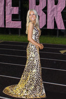 Laden Sie das Bild in den Galerie-Viewer, Glitzerndes Goldenes Spiegel Ein-Schulter Langes Abendkleid mit Schlitz