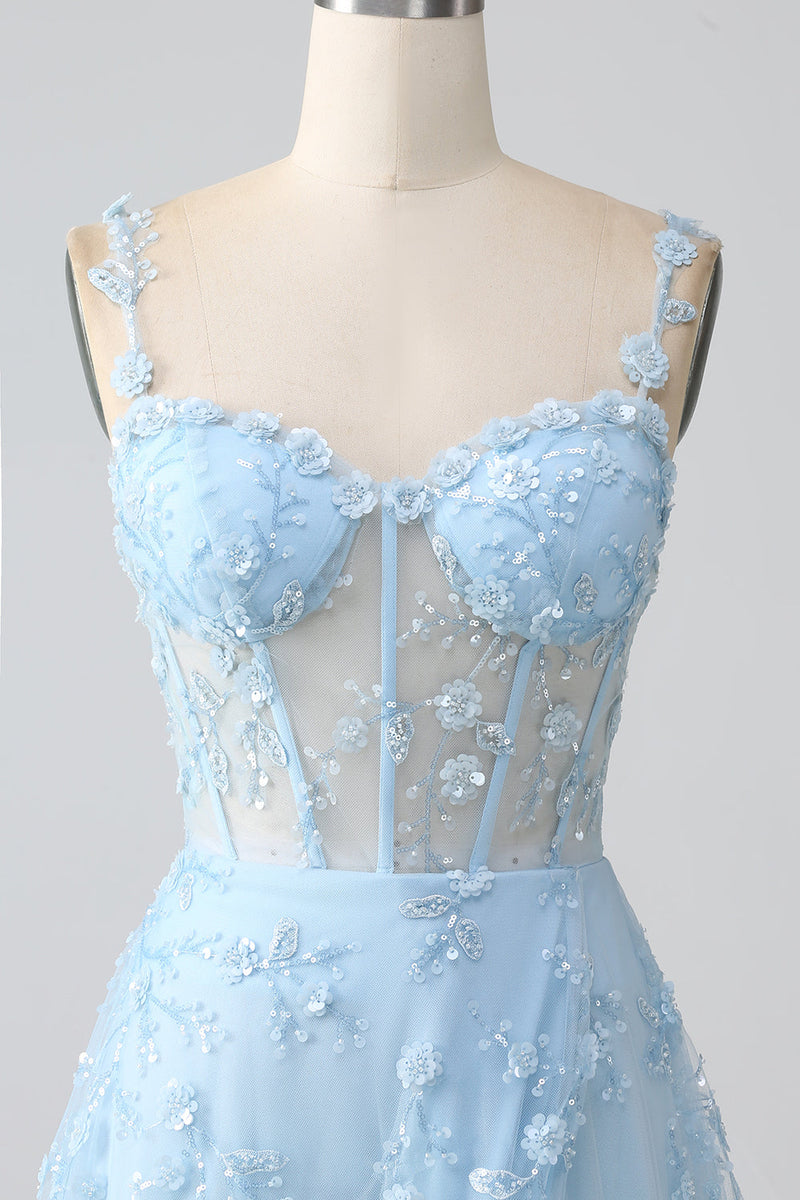 Laden Sie das Bild in den Galerie-Viewer, Rosa A Linie Spaghettiträger Korsett Tüll Langes Ballkleid mit Schlitz