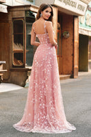 Laden Sie das Bild in den Galerie-Viewer, Glitzer Rosa A Line Spaghettiträger Korsett Langes Abendkleid mit Schlitz