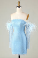 Laden Sie das Bild in den Galerie-Viewer, Abnehmbare Ärmel Blaues enges Cocktailkleid mit Federn