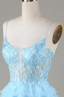 Laden Sie das Bild in den Galerie-Viewer, Blaues Glitzer-Niedliches Cocktailkleid mit Applikationen