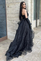 Laden Sie das Bild in den Galerie-Viewer, Glitter Schwarz Herzhals Langes Abendkleider mit Perlen