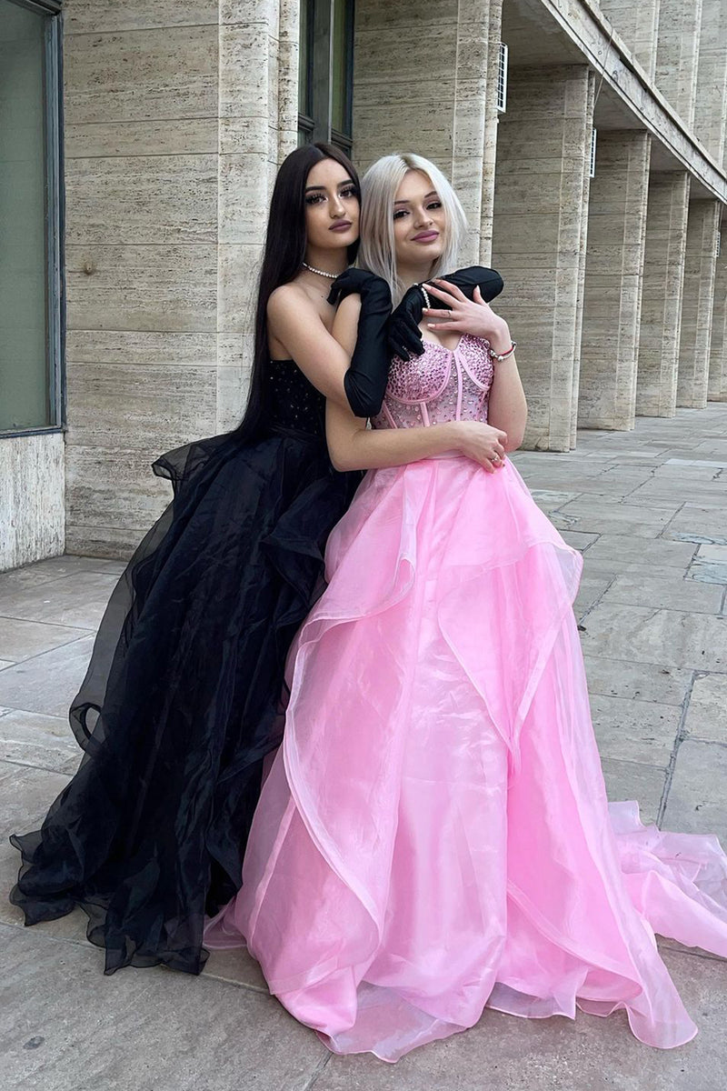 Laden Sie das Bild in den Galerie-Viewer, Glitter Schwarz Herzhals Langes Abendkleider mit Perlen