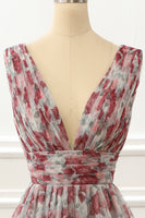Laden Sie das Bild in den Galerie-Viewer, Rosa V-Ausschnitt A-Linie Lange Ballkleid mit Blumendruck und Schlitz