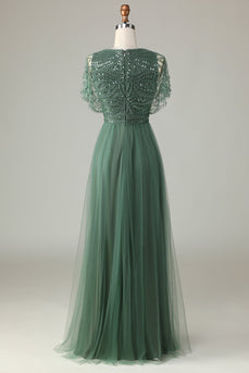 Tüll A-Linie Perlen Eukalyptus Brautjungfernkleid mit Pailletten
