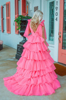 Laden Sie das Bild in den Galerie-Viewer, A Linie Rosa V-Ausschnitt Langes Gestuftes Ballkleid