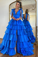 Laden Sie das Bild in den Galerie-Viewer, Prinzessin A-Linie V-Ausschnitt Fuchsia Ballkleid mit Schlitz