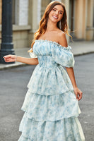 Laden Sie das Bild in den Galerie-Viewer, Hellblaues A Linien Langes Gestuftes Korsett Ballkleid Mit Rüschen