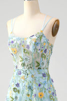 Laden Sie das Bild in den Galerie-Viewer, Blau Blumen A Linie Spaghettiträger Korsett Langes Ballkleid mit Schlitz