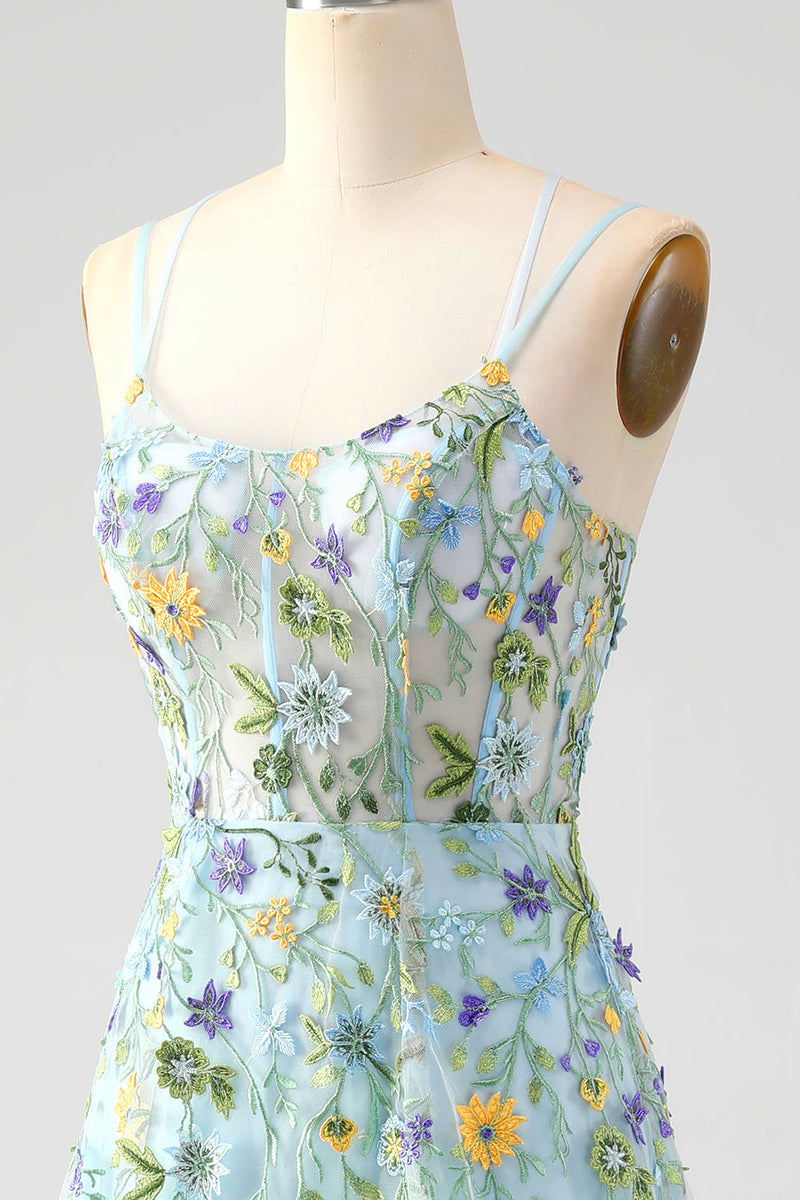 Laden Sie das Bild in den Galerie-Viewer, Blau Blumen A Linie Spaghettiträger Korsett Langes Ballkleid mit Schlitz