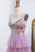 Laden Sie das Bild in den Galerie-Viewer, Flieder A Linie Tüll lang Spaghettiträger Abendkleider mit Appliziertes