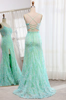 Laden Sie das Bild in den Galerie-Viewer, Grün Meerjungfrau Pailletten Schnürrücken Ballkleid mit Schlitz