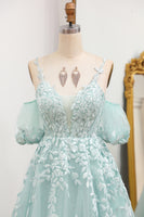 Laden Sie das Bild in den Galerie-Viewer, Mintgrünes A Linie Spaghettiträger Langes Ballkleider Mit Applikationen