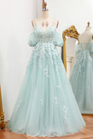 Laden Sie das Bild in den Galerie-Viewer, Mintgrünes A Linie Spaghettiträger Langes Ballkleider Mit Applikationen