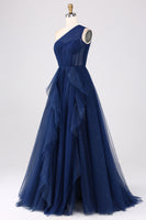 Laden Sie das Bild in den Galerie-Viewer, Marineblau A Linie Eine Schulter Tüll Langes Ballkleid mit Schlitz