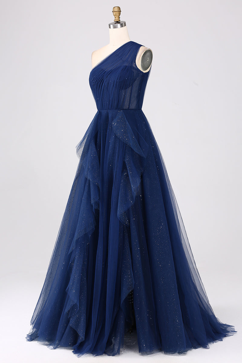 Laden Sie das Bild in den Galerie-Viewer, Marineblau A Linie Eine Schulter Tüll Langes Ballkleid mit Schlitz